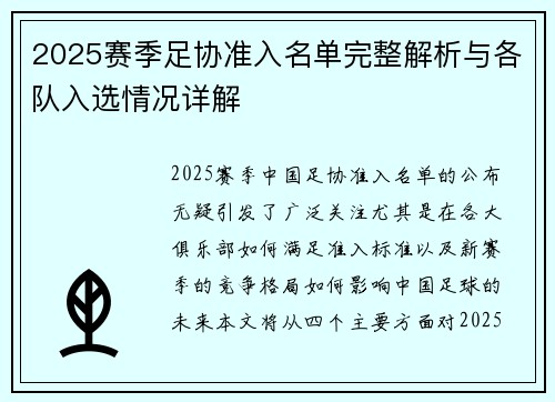 2025赛季足协准入名单完整解析与各队入选情况详解