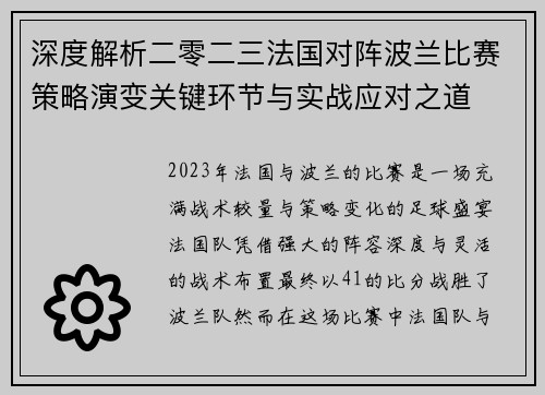 深度解析二零二三法国对阵波兰比赛策略演变关键环节与实战应对之道