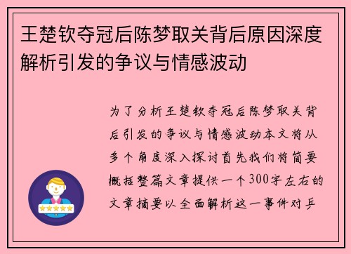王楚钦夺冠后陈梦取关背后原因深度解析引发的争议与情感波动